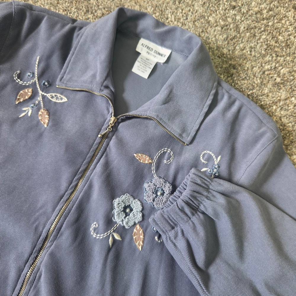 Alfred Dunner Petite Womens 8P Blue Floral Embroidered Zip Front Ribbed Jacket
